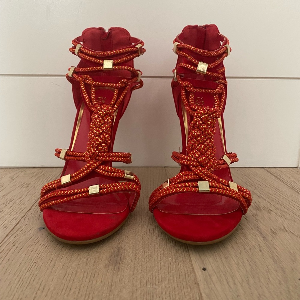 Scene Weaver Kandi red woven rope heeled sandals.